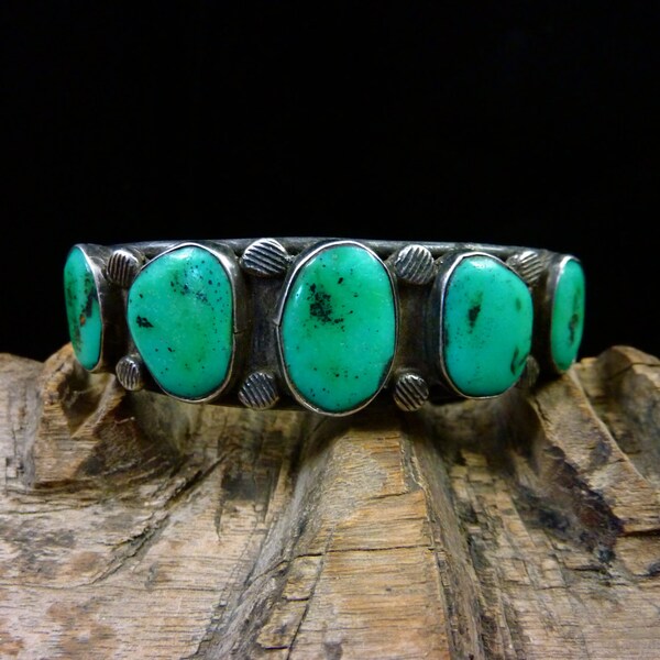 RESERVED!!!Old Pawn Vintage Navajo Sterling Silver Cuff Bracelet w 5 Kingman Turquoise Cabochons. Ancient & Primitive! Perfect for Stacking!