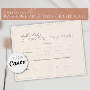 Bearbeitbares Kaninchen-Adoptionszertifikat | Bearbeitbare Canva Vorlage | Holland Lop Adoptionsurkunde | Angora Kaninchen Adoptionsurkunde