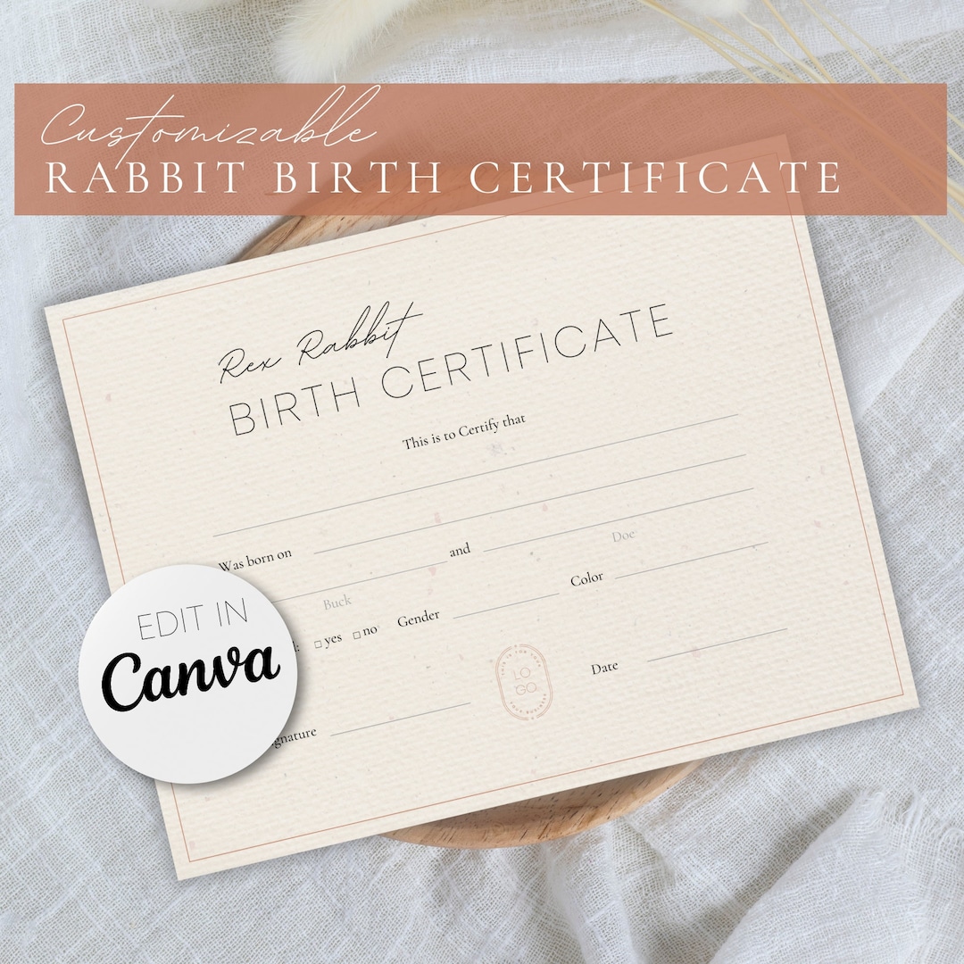 Printable Rabbit Birth Certificate Editable Rabbit Birth Certificate | Editable Canva Template | Holland ...