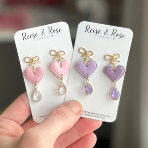 Valentine&#39;s Day Polymer Clay Heart Earrings / Pink Heart Bow Dangles / Purple Heart Bow Dangles / Love Jewelry and Accessories