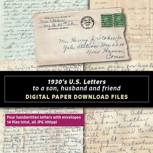 Década de 1930 Cartas manuscritas de Estados Unidos, de una esposa, madre y amiga a un hombre estadounidense, cursiva, sobres, sello, papel digital, escritor, Savannah
