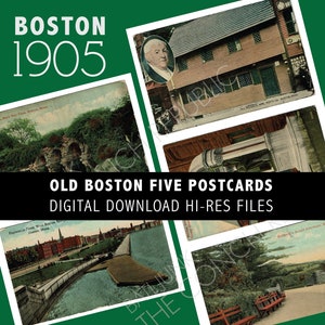 May include: Five vintage postcards depicting scenes from Boston, Massachusetts in 1905. The postcards show a bridge, a house, a park, a statue, and a view of the city.