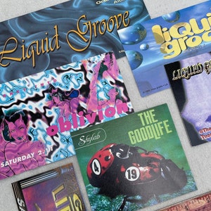 Cartões de clube de dança Vtg dos anos 90 Cena de discoteca de vida noturna de Atlanta, clubes, DJ ephemera LGBTQ scrapbook Masquerade, Liquid Groove, Skylab 1995 1996