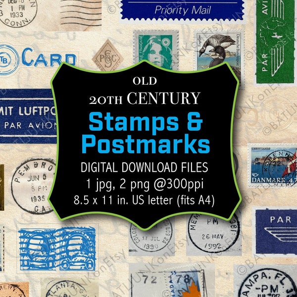 Vtg postmarks stamps stickers USA Europe 90s direct download 30 + items print decals, cancel mark, fussy cut, scrapbook, junk journal words