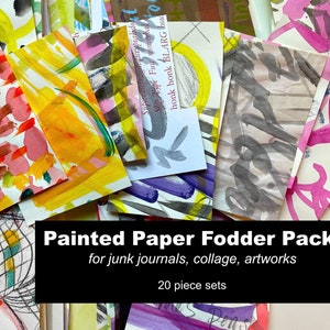 May include: A collection of colorful, painted paper packs for junk journals, collage, and artworks. The papers feature abstract designs in shades of yellow, pink, purple, and gray. The text on the image reads "Painted Paper Fodder Packs" and "20 piece sets."