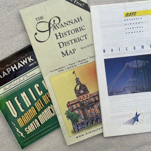 Cartes de voyage VTG des années 90 aux années 2000 Brussels Airport, Savannah Georgia, Venice Beach Santa Monica Los Angeles éphémères brochures touristiques USA