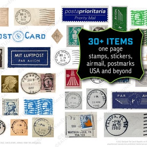 Timbri postali e francobolli vintage degli anni '90 in formato PNG, JPG, effimeri USA ed Europa per adesivi, scrapbooking, diari spazzatura, arte stampabile