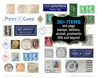 Vintage 1900s Stamps and Postmarks Ephemera, Scrapbooking, Junk Journals (PNG JPG Digital Download)