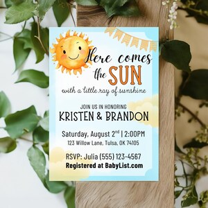 Invitación para baby shower "Aquí viene el sol" + Tarjeta de agradecimiento: plantilla editable de Canva, tema de sol imprimible de 5x7, descarga instantánea