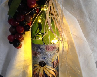 Re-Purposed lighted Faith Hope & Love Maryland wine bottle