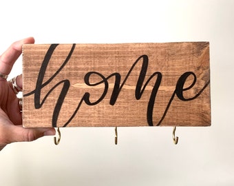 home / key holder with 3 hooks /  handlettered rustic wood sign / housewarming gift wedding gift / wooden modern farmhouse /small key hooks