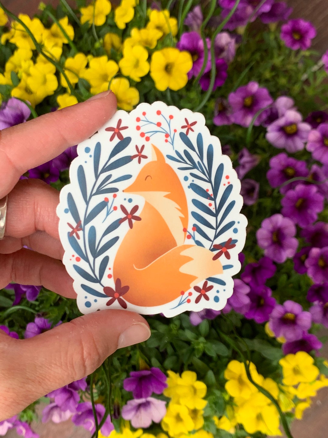 Happy Fox Vinyl Sticker / Cute Woodland Animal / Red Fox and Flowers ...