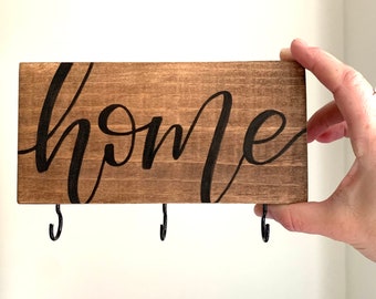 home / key holder with 3 hooks /  handlettered rustic wood sign / housewarming gift wedding gift / wooden modern farmhouse /small key hooks