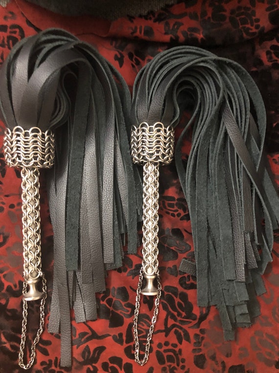 Pair of Leather Fall - ChainMail Handle Florentine Floggers - #BlackwoodCreations Renaissance Faire Pirate  Floggers