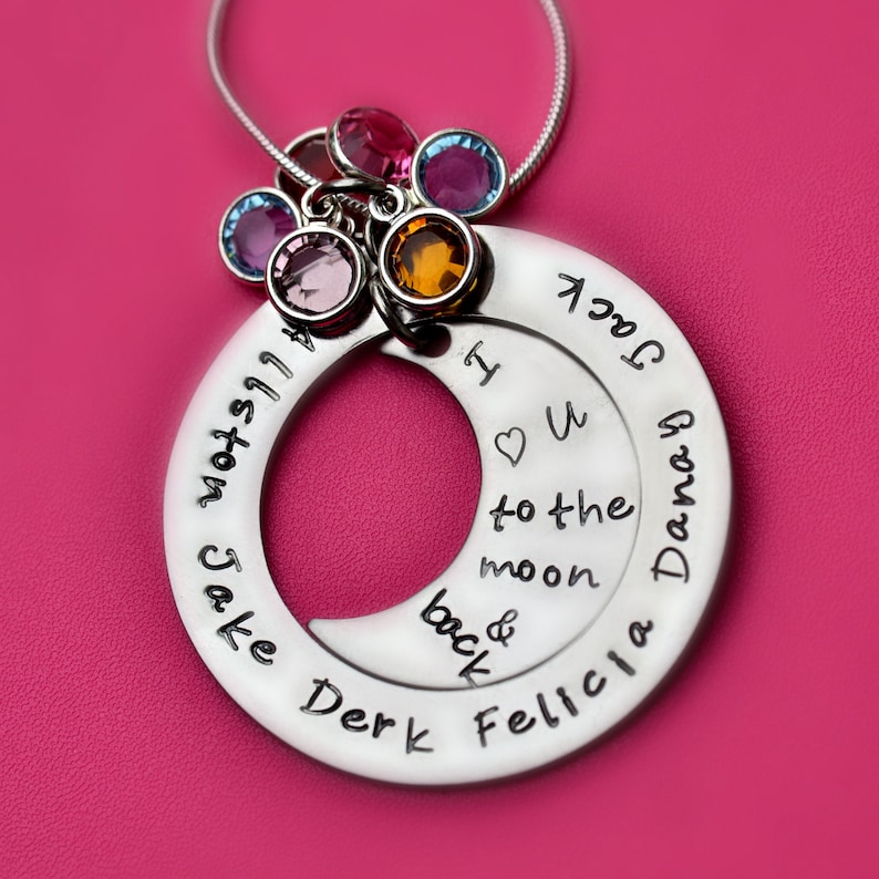 I Love You to the Moon and Back Personalized Mommy Necklace Grandma Mother Moon Kids Name Necklace Hand Stamped Jewelry