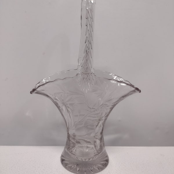 Folded Glass Bouquet Vase with Twisted Handle & Etched Floral Design