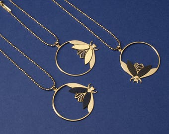 Long 24k gold filled necklace with art deco insect design, handmade in Paris, France