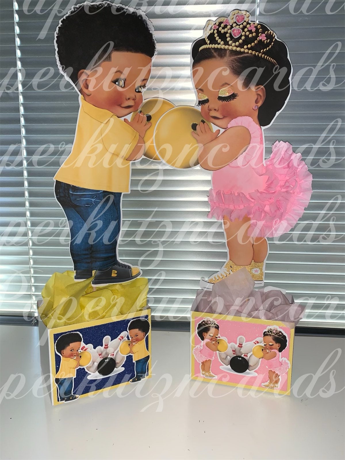 Gender reveal Bowling prince and princess baby shower pink blue and yellow African american centerpiece royal baby