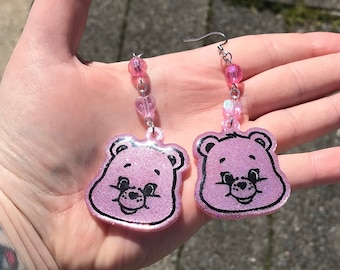 Cheer Bear Earrings, Pink earrings, Care Bears, Love a lot bear, gauges, plugs, pink bear, Care Bear accessories, 90s lover, 90s, Love-a-lot