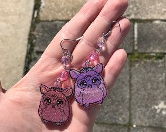 Pink Furby Earrings, Furby, Earrings, pink Furby, 90’S, furbies, sparkly pink, gauges, fishhook earrings, plugs, Furby accessories