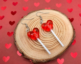 RED Heart Lollipop Earrings, heart earrings, lollipop, candy earrings, candy lover, red heart, gift for her, valentines day, candy earrings