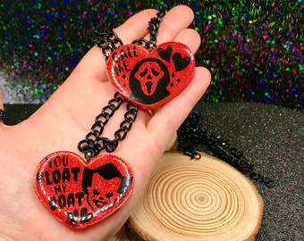 Horror heart necklace, spooky necklace, SCREAM, conversation hearts, valentines day, you float my boat, call me, horror lover, spooky girl