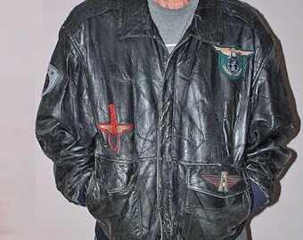 Vintage 80s Patchwork Real Leather Bomber Jacket: Black Genuine