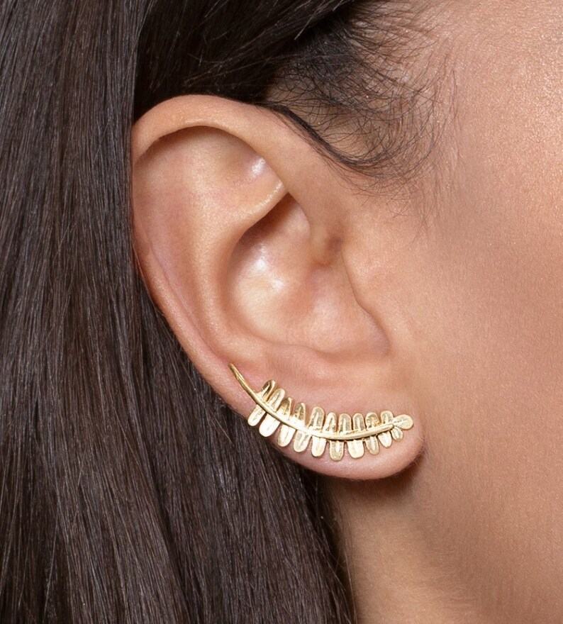 Gold Fern Ear Climbers Stud Earrings Climbing Earrings Etsy