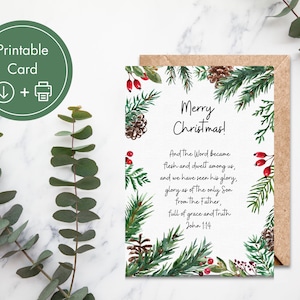 Tarjeta imprimible de Navidad cristiana Tarjeta de felicitación navideña religiosa Tarjeta de las Escrituras Verso Biblia Descarga digital Palabra Carne Habitó Feliz