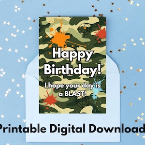 Tarjeta de cumpleaños de paintball imprimible, tarjeta de cumpleaños de niño, fiesta de paintball, Nerf, Splat, camuflaje, tarjeta de cumpleaños, descarga digital