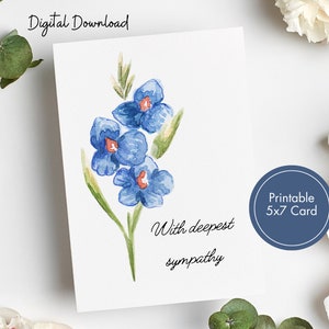 Carte de sympathie imprimable, Fleurs bleues, Floral, Carte de deuil, Carte de condoléances, Désolé pour votre perte, Télécharger