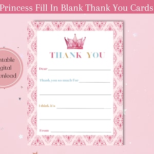 Afdrukbare prinses vul de lege bedankkaart in, digitale download, prinses verjaardag, lege bedankbriefje invullen, meisje bedankt