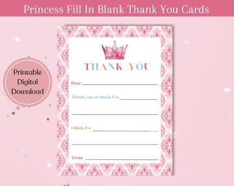 Printable Princess Fill In The Blank Thank You Card, Digital Download, Princess Birthday, Fill In Blank Thank You Note, Girl Thank You