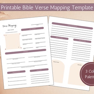May include: Printable Bible verse mapping template with sections for Bible verse, key words, translations, context, view of God, view of man, reflection, and prayer. The template has a light brown background with a purple border.