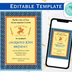 Camp Half-Blood Birthday Invite, Editable Template, Printable, Pegasus, Greek Key, Swords, Birthday Invitation