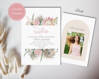 Invito per sedici anni, modello modificabile, invito per compleanno sedici anni, Boho, fiori di campo, invito alla festa del sedicesimo compleanno dolce, personalizzato