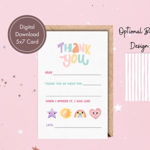 Tarjeta de agradecimiento imprimible para rellenar el espacio en blanco para niña / Tarjeta de agradecimiento para rellenar el espacio en blanco / Tarjetas de agradecimiento para cumpleaños de niños / Tarjeta de agradecimiento para niña