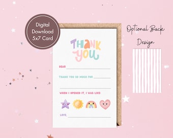 Printable Fill In The Blank Thank You Girl | Fill In Blank | Kids Birthday Thank You Cards | Girl Thank You Card