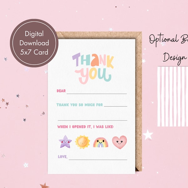 Printable Fill In The Blank Thank You Girl | Fill In Blank | Kids Birthday Thank You Cards | Girl Thank You Card