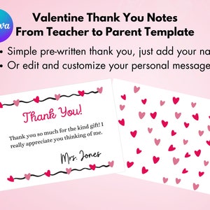 Carte de remerciement de l'enseignant aux parents sur le thème de la Saint-Valentin, modèle modifiable, mot de remerciement de l'enseignant, Saint-Valentin, cadeau, toile