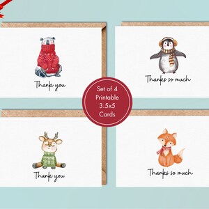 Danksagungskarten Set, Winter Wunderland Tiere, Urlaub, Waldtiere Geburtstag Danke, Kinder Weihnachten Danke