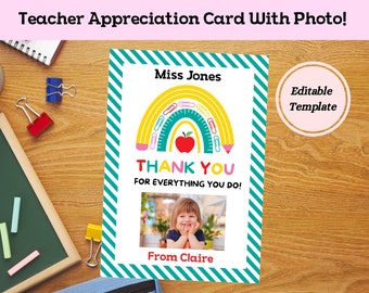 Teacher Appreciation Card With Child Photo, Editable Template, Photo Card, Teacher Appreciation Gift