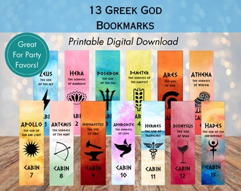 Printable Percy Jackson bookmarks, Greek God Bookmark with PJO Cabin Numbers, Greek Mythology, Download, Birthday, Party Favor, Gift