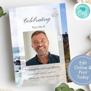 Modèle de programme de funérailles, modifiable, imprimable, programme de funérailles pour homme, femme, thème océan côtier, phare, mer, nature