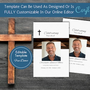 May include: A white template for a funeral program with a brown wooden background and a cross at the top. The template includes a photo of a man, the text "Celebrating The Life of", and the name "Christopher Leonard Moore".