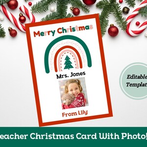 Kerstkaart voor leraar met kinderfoto, bewerkbare sjabloon, fotokaart, kerstcadeau voor leraar