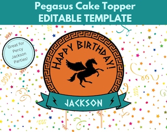 Topo de bolo de Pégaso para impressão, modelo editável, Acampamento Meio-Sangue, três tamanhos, personalizável, personalizado, editar, adicionar nome