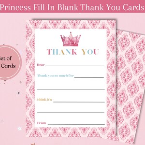 Prinses vul de lege bedankkaarten in, prinses verjaardag dank u, vul lege bedankbriefje in
