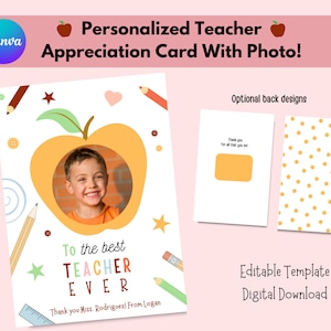 Carte de remerciement pour enseignant avec photo d'enfant, modèle modifiable, carte photo, cadeau de remerciement pour enseignant, carte de fin d'année scolaire