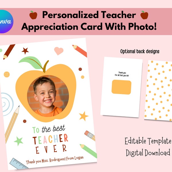 Teacher Appreciation Card With Child Photo, Editable Template, Photo Card, Teacher Appreciation Gift